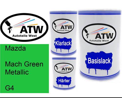 Mazda, Mach Green Metallic, G4: 500ml Lackdose + 500ml Klarlack + 250ml Härter - Set, von ATW Autoteile West.